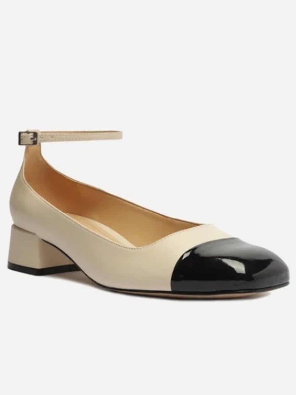 Two-Tone Ankle-Strap Block Heel Pump in Cream and Black